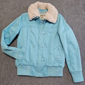 FOX Riders Company Blue Canvas Bomber Jacket Womens XL Racing Pockets Fur Trim